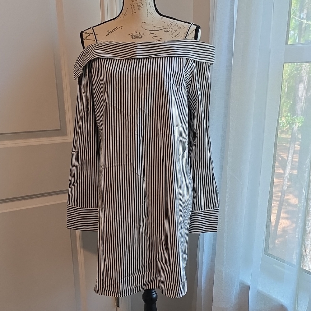 Robert Rodriguez Black and White Striped Off-Shoulder Blouse